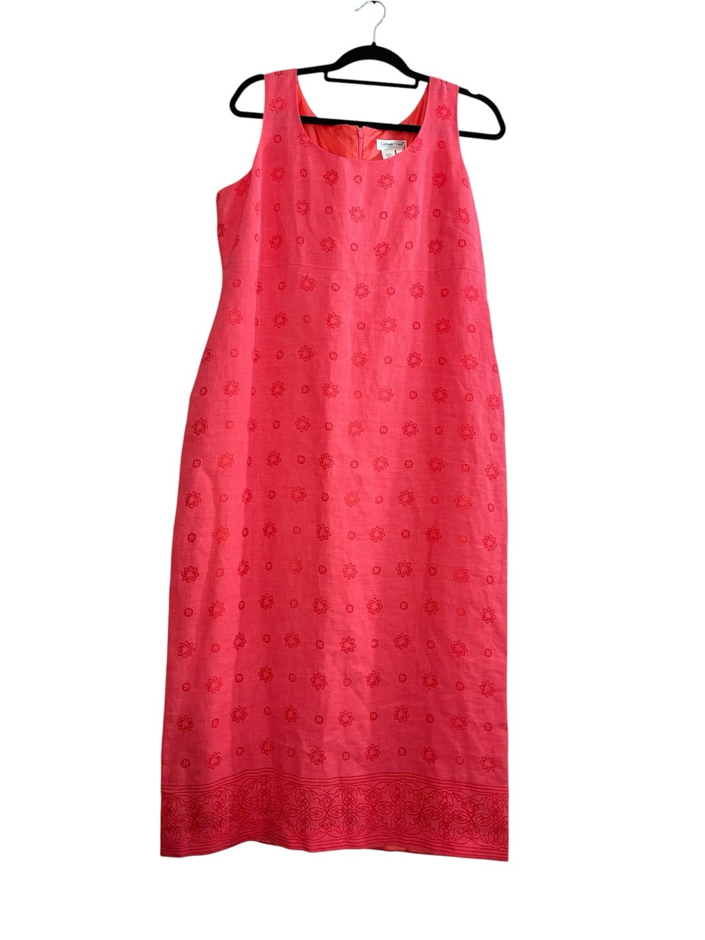 Coldwater Creek linen blend sleeveless Coral Pink Embroidered Midi Dress